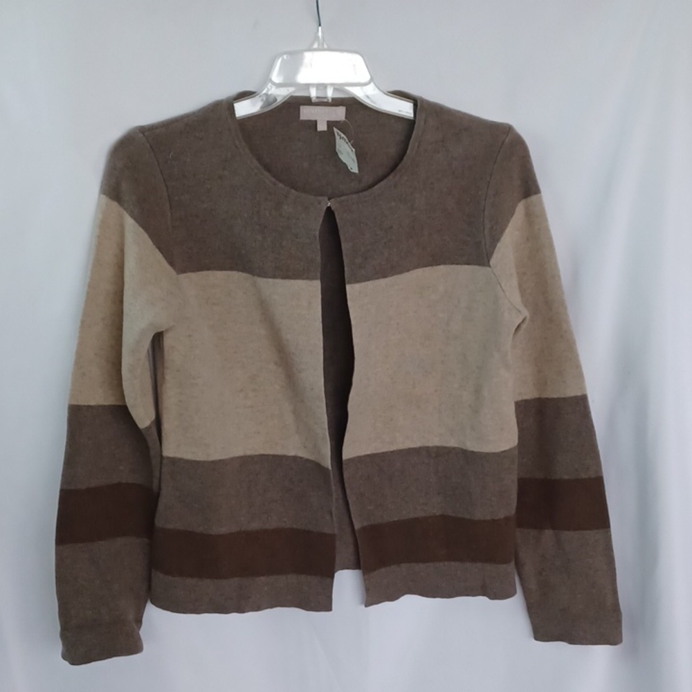 Benedetta B Color Block Brown Tan Merino Wool Cashmere Cardigan, L, 22"PTP, 24"L